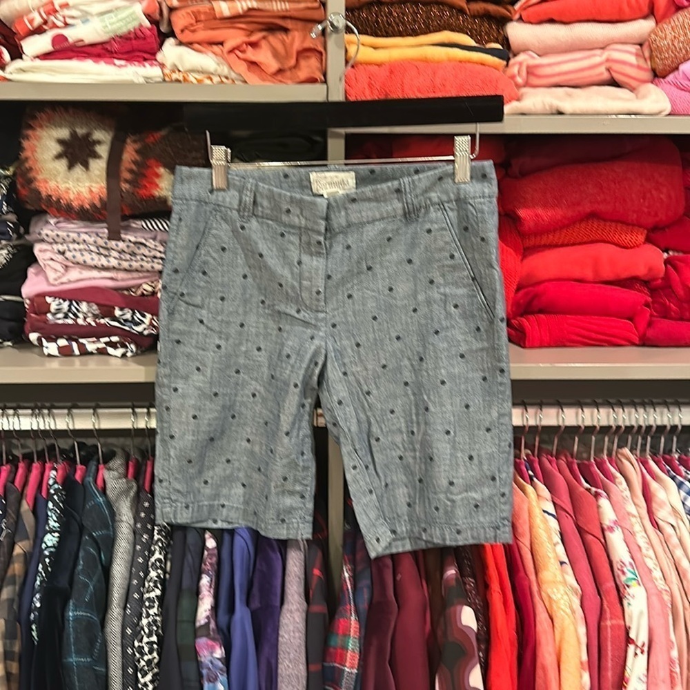 J Crew chambray with navy polka dots Bermuda shorts size 0